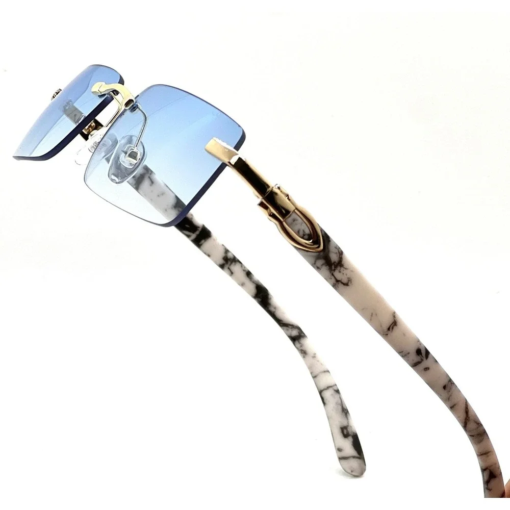 Classic Sunglasses Elegant Modern Sophisticated Rimless Gold Frame Blue Lens New